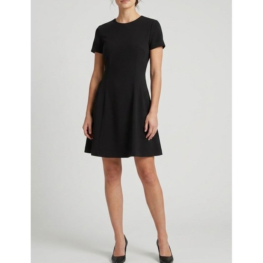 Theory Women Short Sleeve Shift Dress Size 6 Black Crepe Corset Knee Length